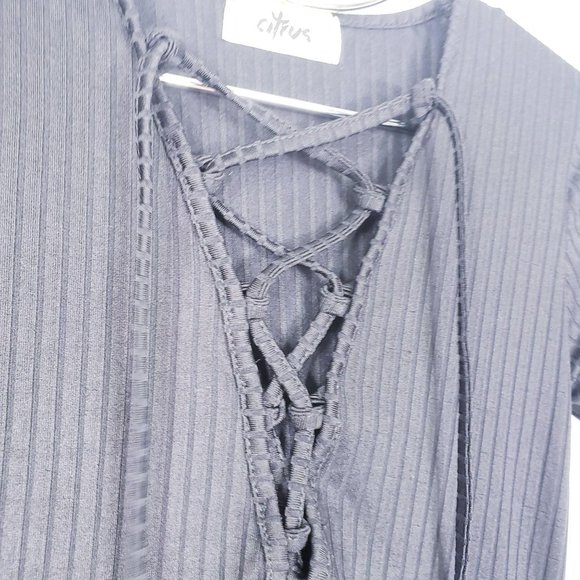 CITRUS Black Textured Sheath Mini Dress 8 MEDIUM V-Neck Front Lace-up Cap Sleeve - Picture 6 of 11